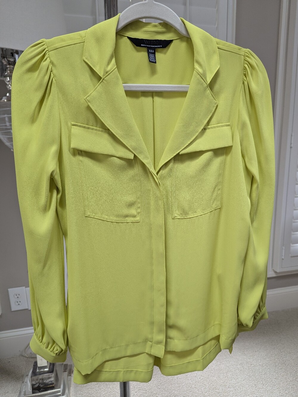 White House Black Market Neon Chartreuse Long-Sleeve Button Front Blouse